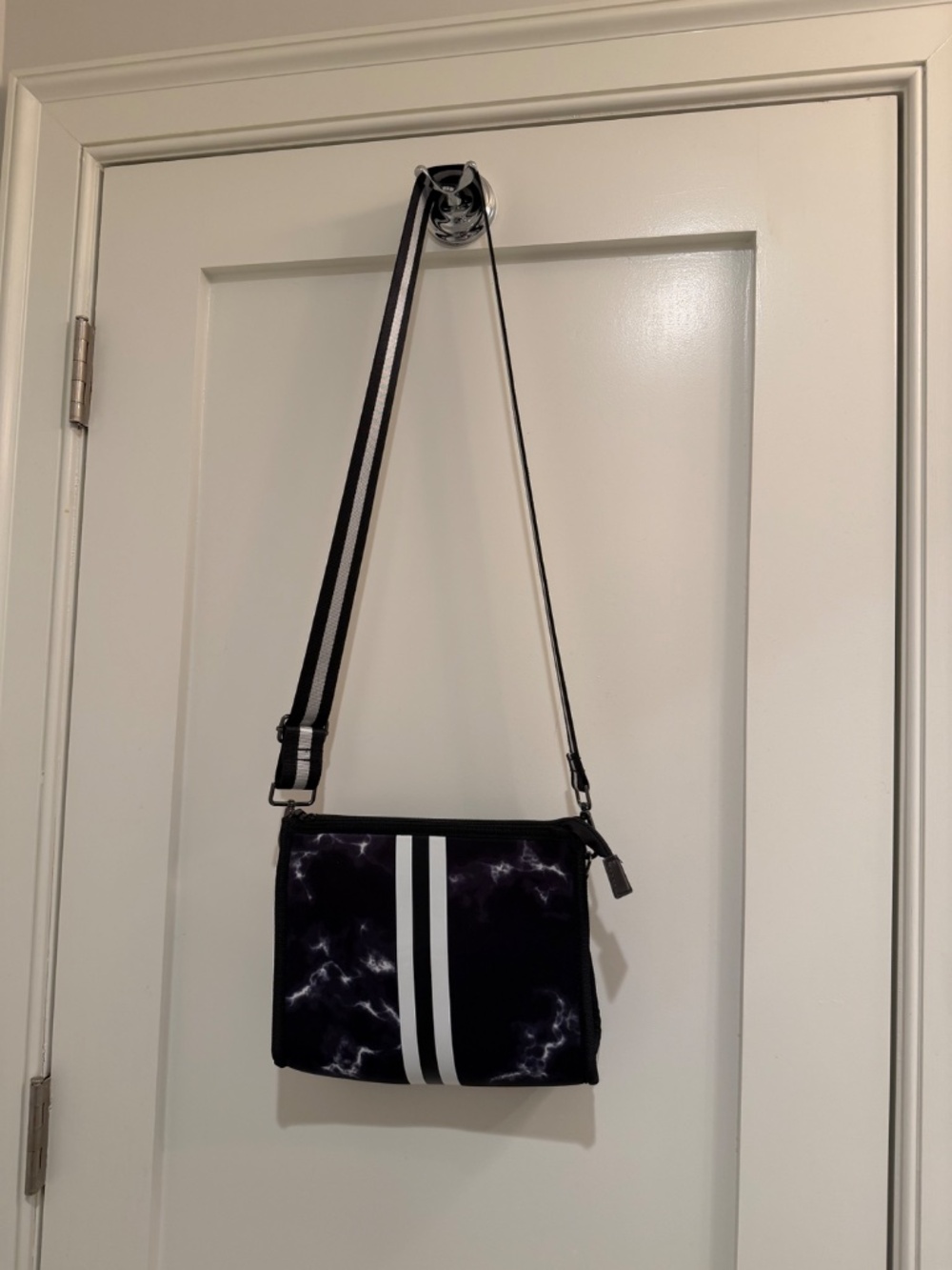 Haute Shore Navy Camo Neoprene Crossbody Bag – White Stripe – Like New
